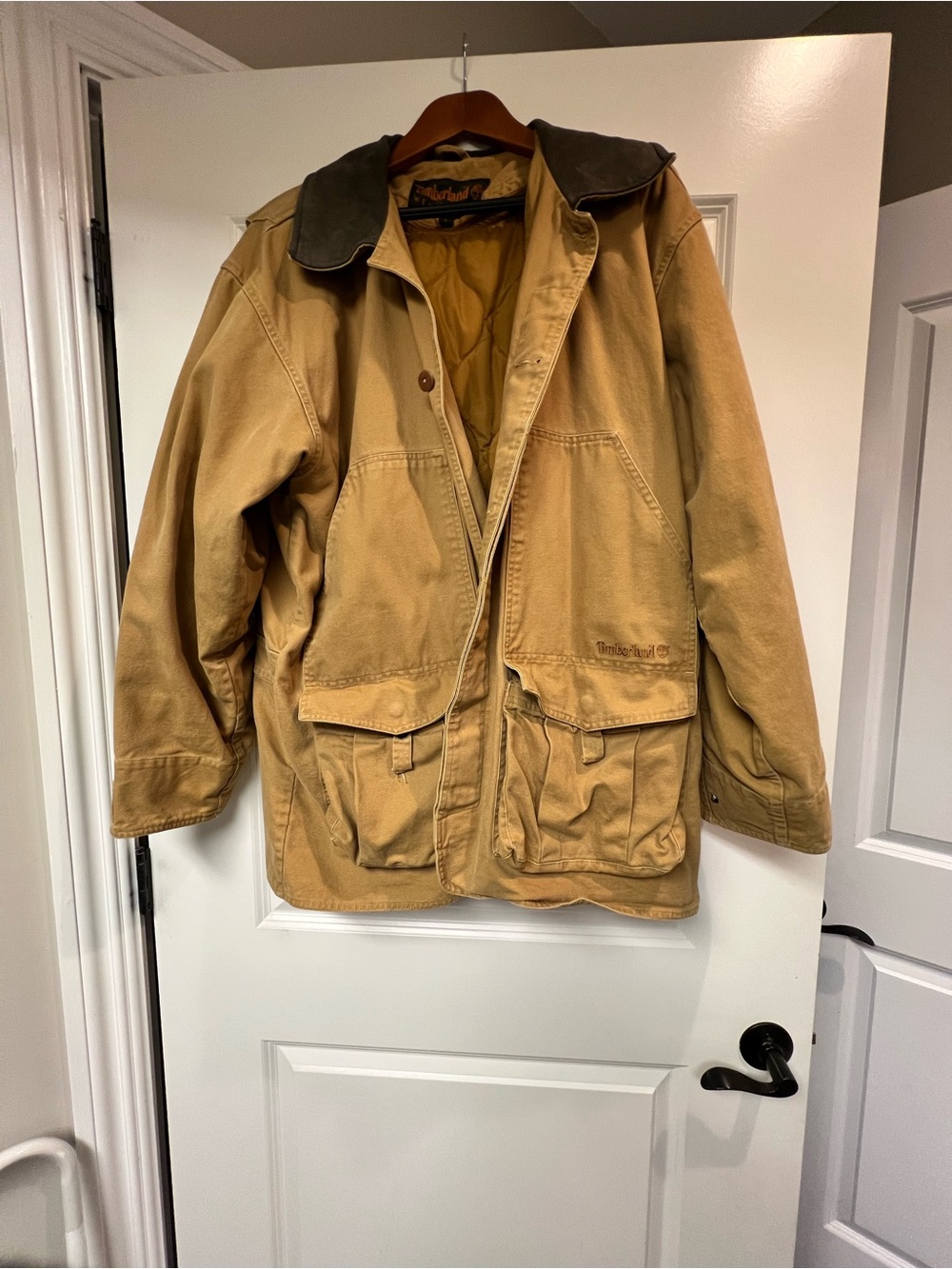 Timberland Tan Canvas Field Jacket with Dark Brown Collar | Large